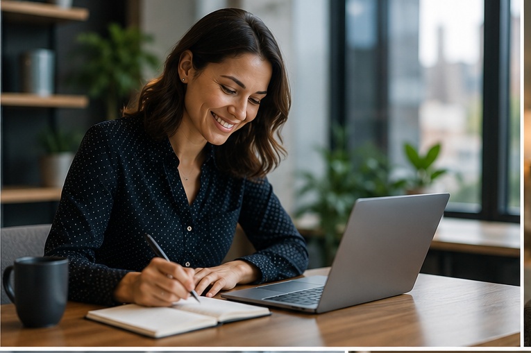 Profissional sorrindo enquanto trabalha no laptop em escritório moderno