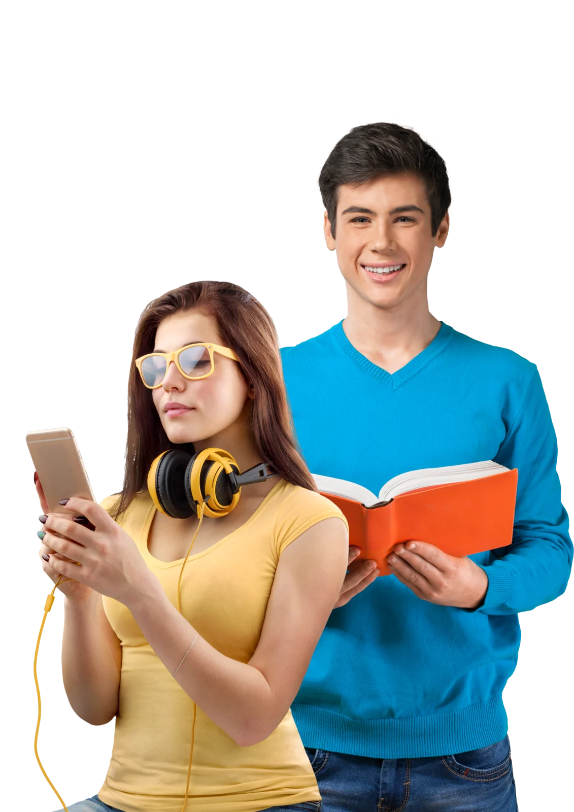 Estudiantes con teléfono y libro
